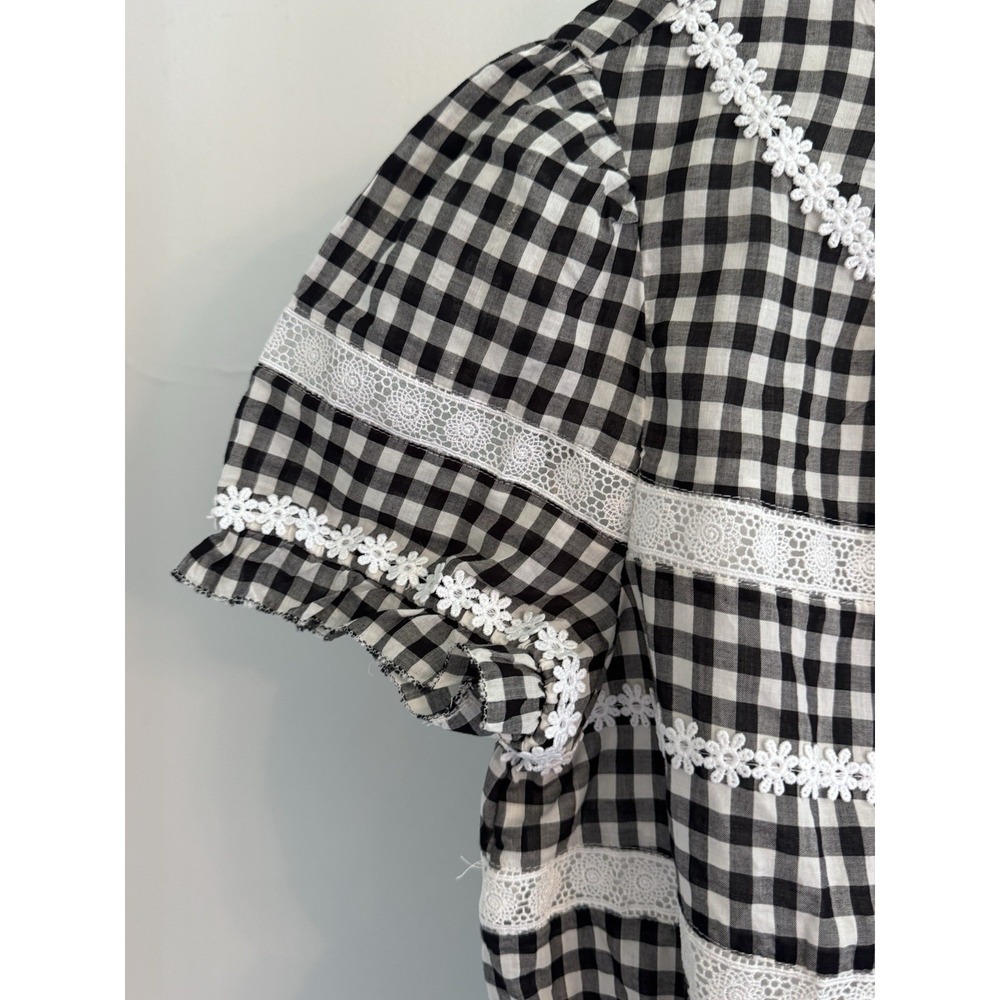 J.Crew Gingham Lace Trim Peasant Blouse XS Cottagecore Puff Sleeve Cotton Top - Picture 2 of 7